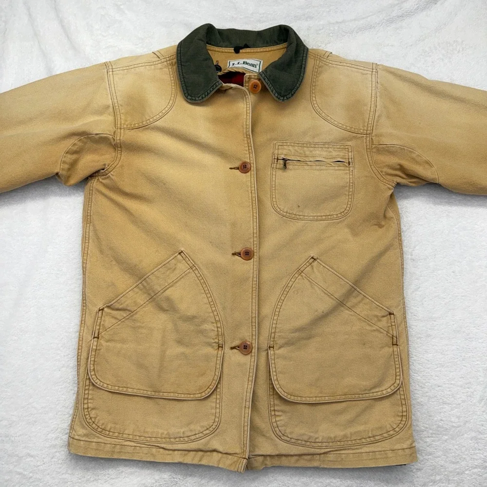 Vintage 80s L.L. Bean Field Coat M Tan Original Barn Jacket Plaid wool Lined - Picture 4 of 12
